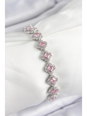 ® Pirinç Zirkon Taşlı Pembe Yonca Baget Model Gümüş Renk VIP Seri Kadın Bileklik