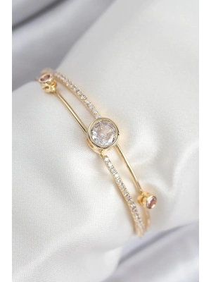 ® Pirinç Zirkon Taşlı Pırlanta Model Gold Renk Kadın Bileklik