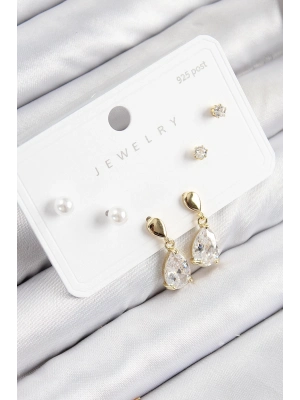 ® Pirinç Zirkon Taşlı Sallantılı Damla Model Gold Renk 925 Ayar Gümüş Çivi Kadın Küpe Set