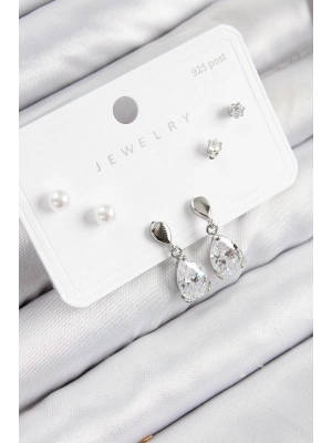 ® Pirinç Zirkon Taşlı Sallantılı Damla Model Gümüş Renk 925 Ayar Gümüş Çivi Kadın Küpe Set