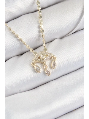 ® Pirinç Zirkon Taşlı Sallantılı Göz Model Ezme Zincir Gold Renk Kadın Kolye