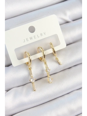 ® Pirinç Zirkon Taşlı Sallantılı Model Gold Renk 3lü Çift Kadın Küpe Set