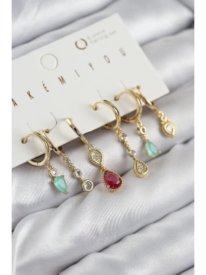 ® Pirinç Zirkon Taşlı Sallantılı Model Gold Renk 6lı Küpe Set
