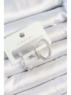 ® Pirinç Zirkon Taşlı Sallantılı Model Gümüş Renk 3lü Çift Kadın Küpe Set