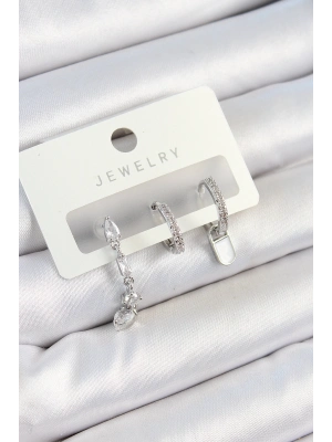 ® Pirinç Zirkon Taşlı Sallantılı Model Gümüş Renk 3lü Çift Kadın Küpe Set