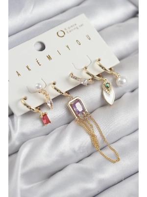 ® Pirinç Zirkon Taşlı Sallantılı Ve İncili Gold Renk 6lı Küpe Set