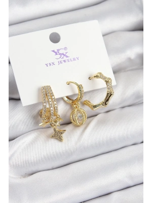 ® Pirinç Zİrkon Taşlı Sallantılı Yıldız Model Gold Renk 3lü Kadın Küpe