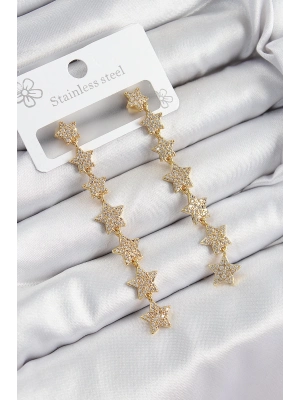 ® Pirinç Zirkon Taşlı Sallantılı Yıldız Model Gold Renk Kadın Küpe