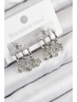 ® Pirinç Zirkon Taşlı Sallantılı Yıldız Model Gümüş Renk Kadın Küpe