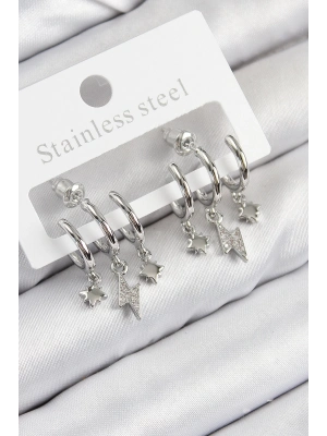 ® Pirinç Zirkon Taşlı Şimşek Model Gümüş Renk Kadın Küpe