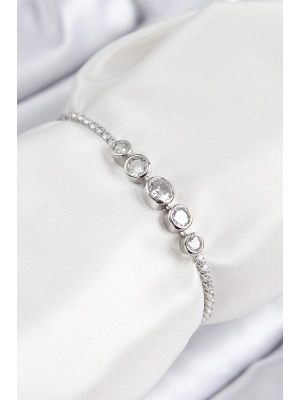 ® Pirinç Zirkon Taşlı Sıralı Daire Model Gümüş Renk Asansörlü Kadın Bileklik