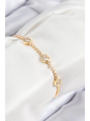 ® Pirinç Zirkon Taşlı Sıralı Kalp Model Gold Renk Kadın Bileklik