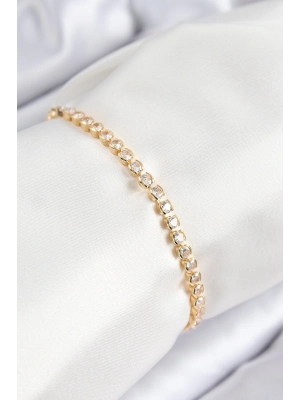 ® Pirinç Zirkon Taşlı Sıralı Model Gold Renk Asansörlü Kadın Bileklik