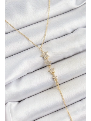 ® Pirinç Zirkon Taşlı Sıralı Yıldız Figürlü Y Model Gold Renk Kadın Kolye