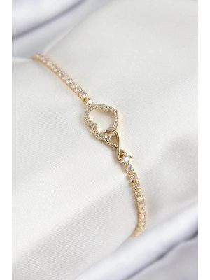 ® Pirinç Zirkon Taşlı Sonsuzluk Kalp Model Gold Renk Kadın Bileklik