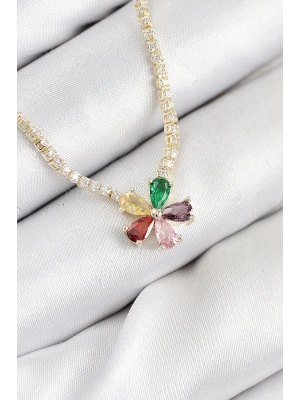 ® Pirinç Zirkon Taşlı Su Yolu Asorti Çiçek Model Gold Renk Kadın Kolye