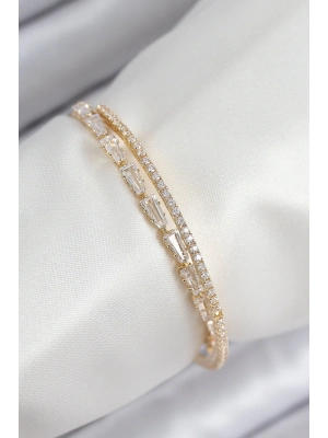 ® Pirinç Zirkon Taşlı Su Yolu Model Gold Renk Kadın Bileklik