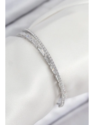 ® Pirinç Zirkon Taşlı Su Yolu Model Gümüş Renk Kadın Bileklik