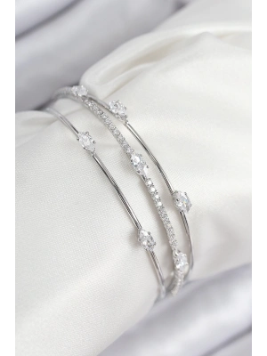 ® Pirinç Zirkon Taşlı Su Yolu Model Gümüş Renk Kadın Bileklik