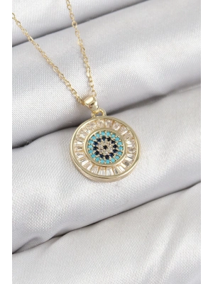 ® Pirinç Zirkon Taşlı Su Yolu Nazar Model Gold Renk Kadın Kolye