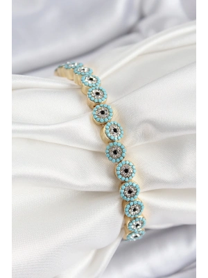 ® Pirinç Zirkon Taşlı Turkuaz Nazar Model Gold Renk Lastikli Kadın Bileklik