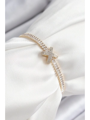 ® Pirinç Zirkon Taşlı X Detaylı Su Yolu Model Gold Renk Asansörlü Kadın Bileklik