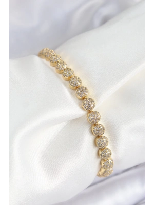 ® Pirinç Zirkon Taşlı Yarım Topcuk Model Gold Renk VIP Seri Kadın Bileklik