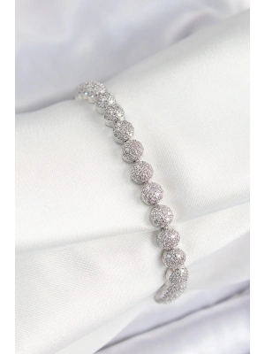 ® Pirinç Zirkon Taşlı Yarım Topcuk Model Gümüş Renk VIP Seri Kadın Bileklik