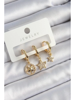 ® Pirinç Zirkon Taşlı Yıldız Model Gold Renk 3lü Çift Kadın Küpe Set