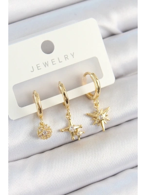 ® Pirinç Zirkon Taşlı Yıldız Model Gold Renk 3lü Çift Kadın Küpe Set