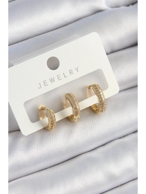 ® Pirinç Zirkon Taşlı Yıldız Model Gold Renk 3lü Çift Kadın Küpe Set
