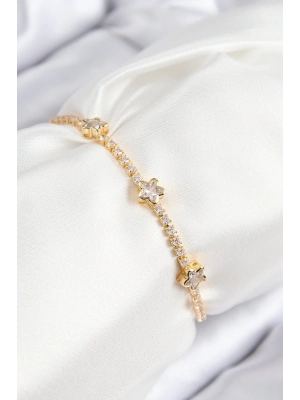® Pirinç Zirkon Taşlı Yıldız Model Gold Renk Asansörlü Kadın Bileklik