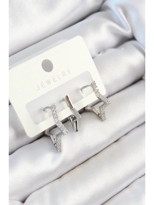 ® Pirinç Zirkon Taşlı Yıldız Model Gümüş Renk 3lü Çift Kadın Küpe Set