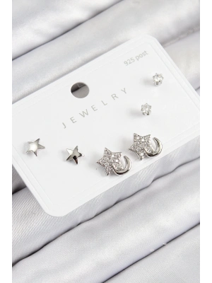 ® Pirinç Zirkon Taşlı Yıldız Model Gümüş Renk 925 Ayar Gümüş Çivi Kadın Küpe Set