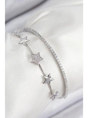 ® Pirinç Zirkon Taşlı Yıldız Model Gümüş Renk Kadın Bileklik