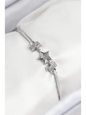 ® Pirinç Zirkon Taşlı Yıldız Model Gümüş Renk Kadın Bileklik