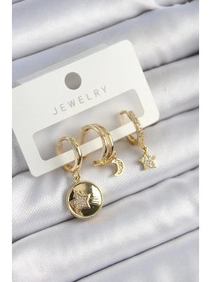 ® Pirinç Zirkon Taşlı Yıldız Ve Ay Model Gold Renk 3lü Çift Kadın Küpe Set