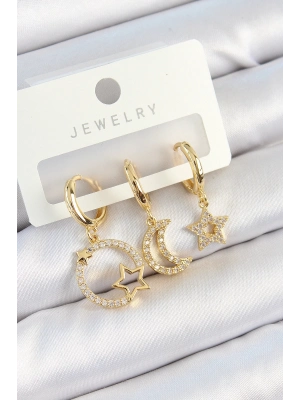 ® Pirinç Zirkon Taşlı Yıldız Ve Ay Model Gold Renk 3lü Kadın Küpe Set