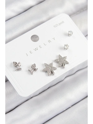 ® Pirinç Zirkon Taşlı Yıldız Ve Gül Model Gümüş Renk 925 Ayar Gümüş Çivi Kadın Küpe Set