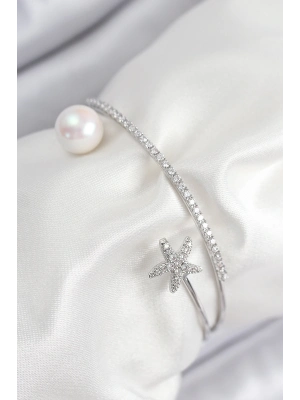 ® Pirinç Zirkon Taşlı Yıldız Ve İnci Model Gümüş Renk Kadın Bileklik