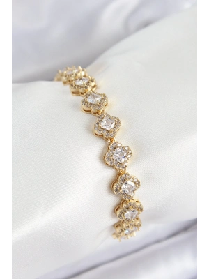 ® Pirinç Zirkon Taşlı Yonca Baget Model Gold Renk VIP Seri Kadın Bileklik
