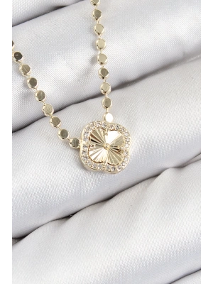 ® Pirinç Zirkon Taşlı Yonca Model Ezme Zincir Gold Renk Kadın Kolye