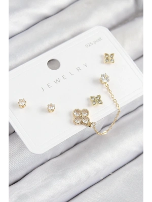 ® Pirinç Zirkon Taşlı Yonca Model Gold Renk 925 Ayar Gümüş Çivi Kadın Küpe Set