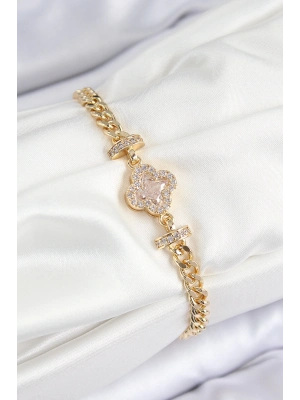 ® Pirinç Zirkon Taşlı Yonca Model Gold Renk Kadın Bileklik