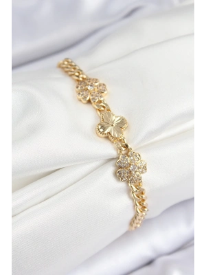 ® Pirinç Zirkon Taşlı Yonca Model Gold Renk Kadın Bileklik