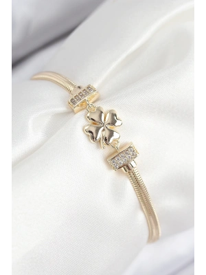 ® Pirinç Zirkon Taşlı Yonca Model Gold Renk Kadın Bileklik