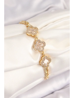 ® Pirinç Zirkon Taşlı Yonca Model Gold Renk Kadın Bileklik