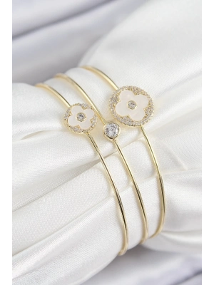 ® Pirinç Zirkon Taşlı Yonca Model Gold Renk Vip 3lü Kadın Bileklik