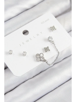 ® Pirinç Zirkon Taşlı Yonca Model Gümüş Renk 925 Ayar Gümüş Çivi Kadın Küpe Set