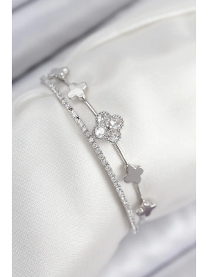 ® Pirinç Zirkon Taşlı Yonca Model Gümüş Renk Kadın Bileklik